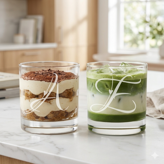 Personalized dessert glasses arranged for elegant individual servings, ready for tiramisu or layered panna cotta.