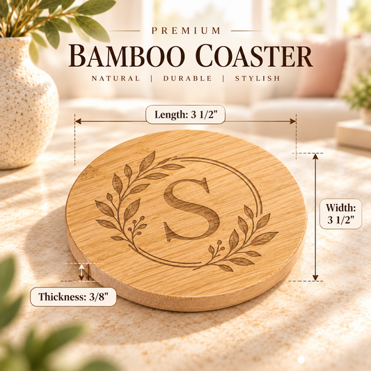 Bamboo coaster dimensions: 3.5 inches across and 3/8 inch thick, shown with a wreath and S monogram.