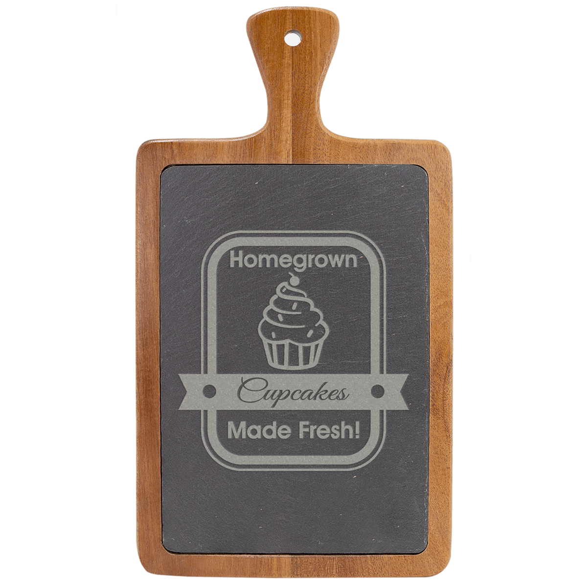 13.25 x 7 inch acacia wood and slate cheese board with handle for custom engraving