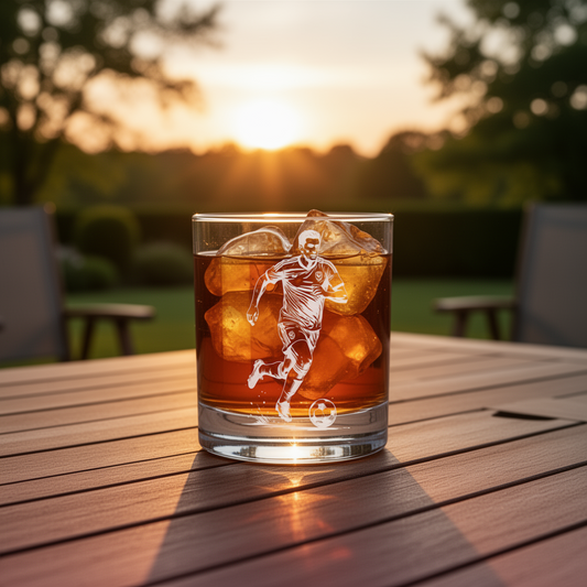 Soccer player whiskey glass filled with whiskey and ice on an outdoor table at sunset.