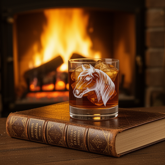 Glass with horse design on a book in front of a fireplace