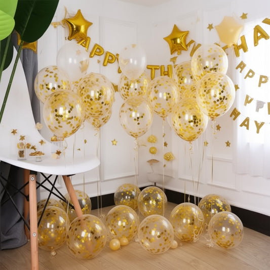 clear balloons with gold confetti inside