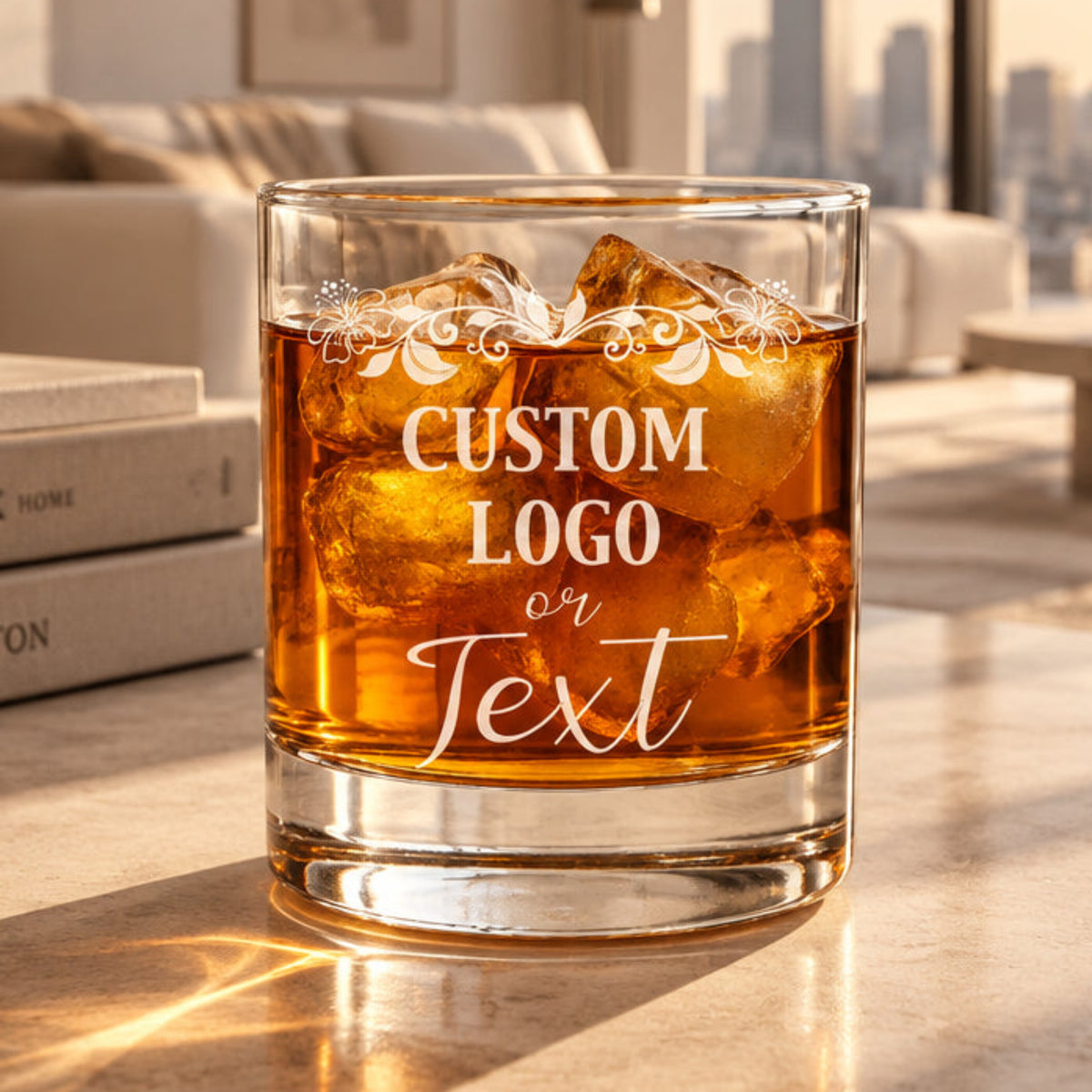 Clear custom logo whiskey glass with an etched corporate brand, sitting on a wooden surface.