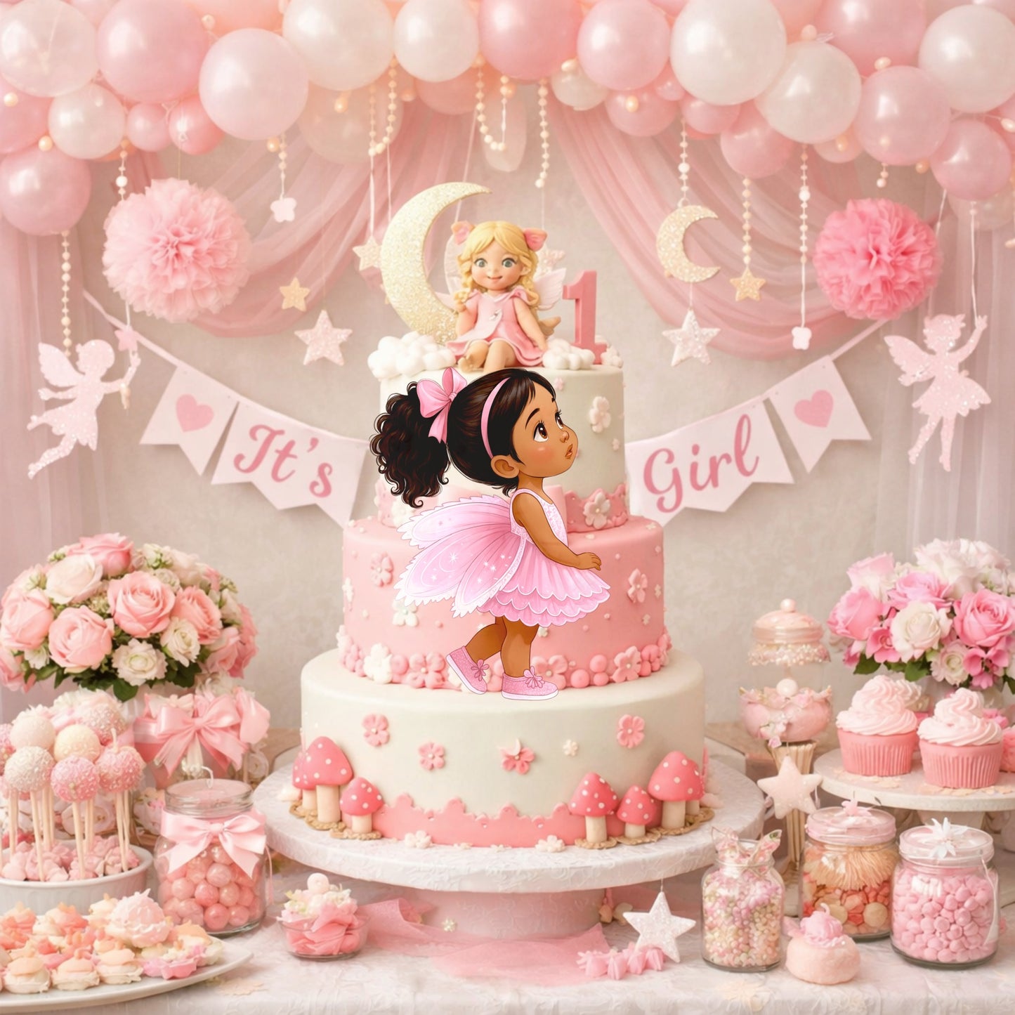 Pink-themed fairy birthday cake with decorations and balloons for a girl's first birthday.