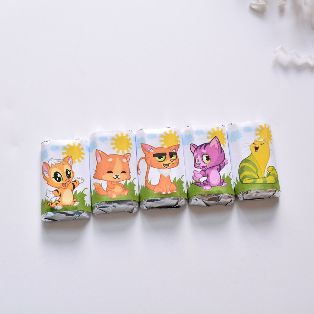 Cat Birthday Labels Candy Miniatures, Kitty Party Favor Candy Bar Stickers, Funny Decoration Gift