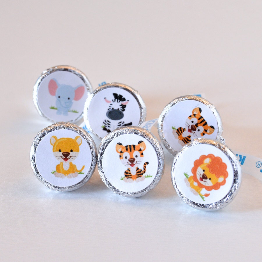 Jungle Safari Kisses Labels Baby Shower Birthday Party Round Candy Labels, Jungle Party Favors, Fits Hershey's Kiss