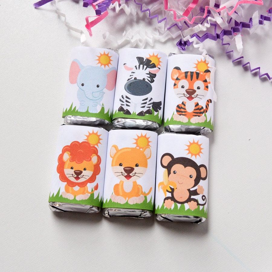 54 Safari Baby Shower Labels, Jungle Candy Bar Stickers 1st Birthday Party Favors, Miniatures Wrappers