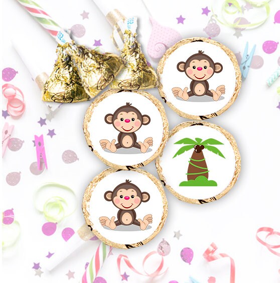 Monkey Baby Shower Kisses Fit Labels, Round Stickers for Chocolate Candy Bar, Birthday Party Favors