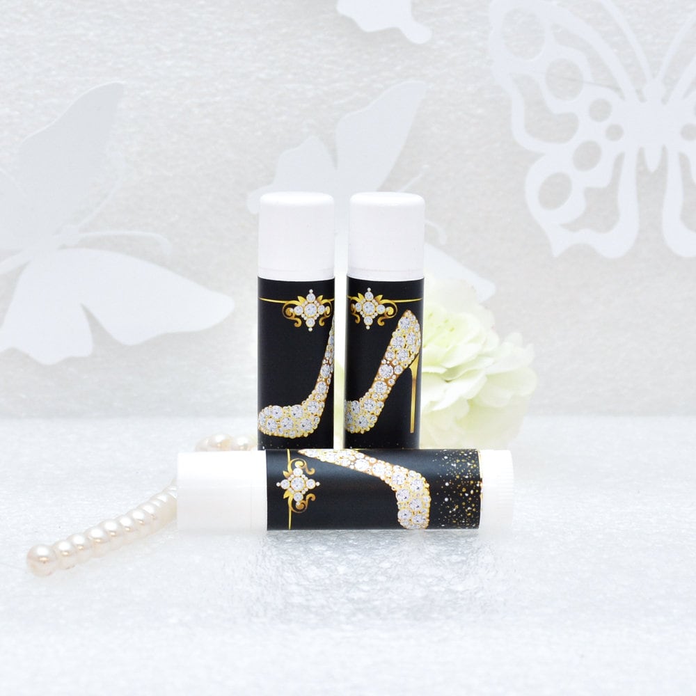 Lip Balm Labels - Diamond Gold Shoes - Wedding Favor Labels - High Heel Lip Balm Party Stickers - Faux Gold Black Background