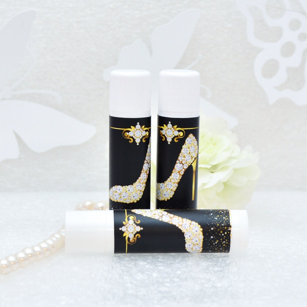 Lip Balm Labels - Diamond Gold Shoes - Wedding Favor Labels - High Heel Lip Balm Party Stickers - Faux Gold Black Background