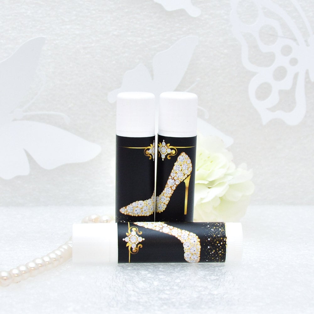 Lip Balm Labels - Diamond Gold Shoes - Wedding Favor Labels - High Heel Lip Balm Party Stickers - Faux Gold Black Background