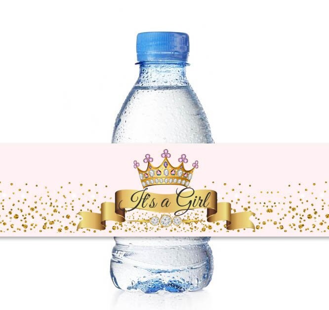 Princess Girl Baby Shower Water Bottle Labels, Pink Gold Crown It's a Girl Stickers, Baby Party Favor Labels