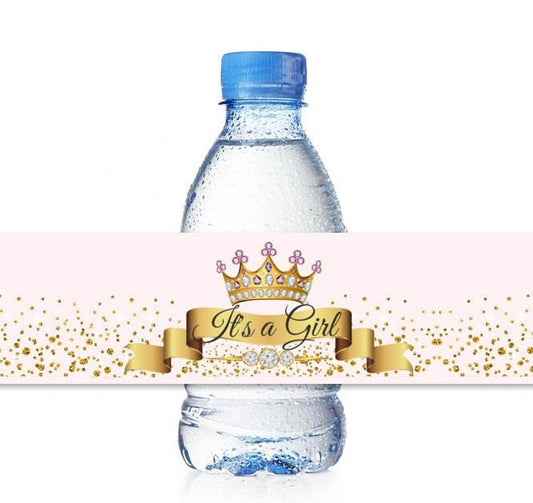 Princess Girl Baby Shower Water Bottle Labels, Pink Gold Crown It's a Girl Stickers, Baby Party Favor Labels