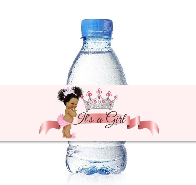 Princess Water Labels, Pink Silver Baby Girl African American Ethnic Royal Baby Shower Party Favor Decoration
