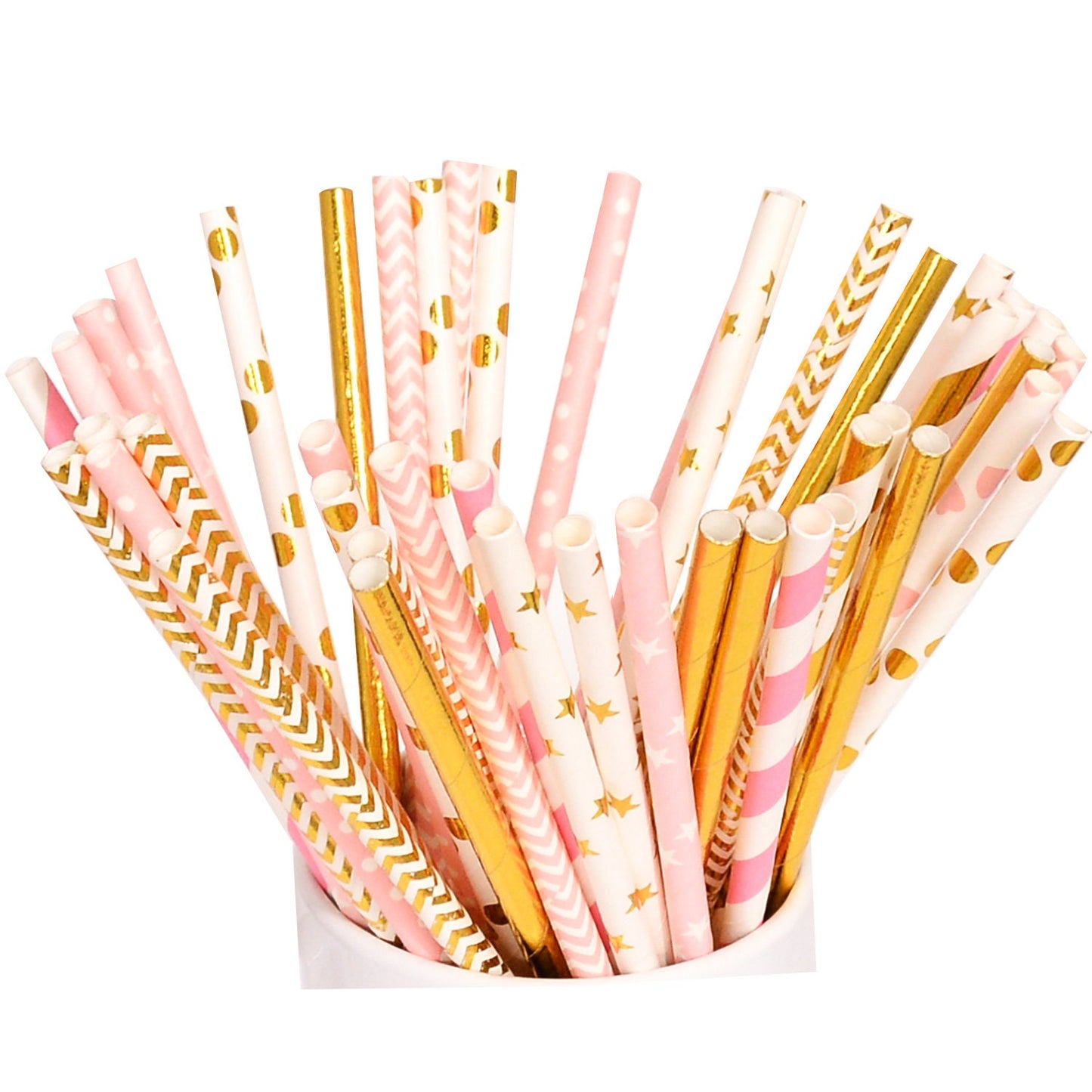 50 Baby Pink Gold Paper Straws, Baby Shower 1st Birthday Princess Girl Party Decoration