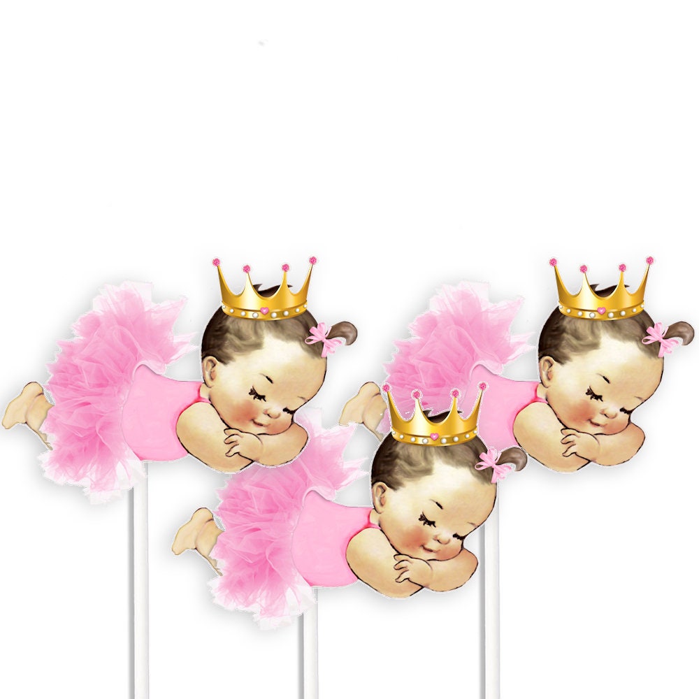 Sleeping Princess Baby Girl Centerpieces Pink Tutu Gold Crown, 3 Skin Tones