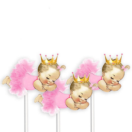 Sleeping Princess Baby Girl Centerpieces Pink Tutu Gold Crown, 3 Skin Tones