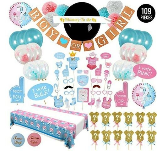 Gender Boy or Girl Party Supplies Kit, Balloons Baby Shower Boy or Girl Banner, Cake Toppers, Tableware, Mommy to Be Sash