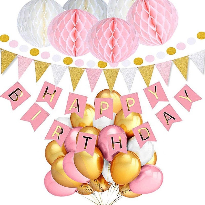 1st Girl Birthday Party Decoration, Gold Pink White Balloons, Pink Happy Birthday Banner, Honeycomb Balls Decor