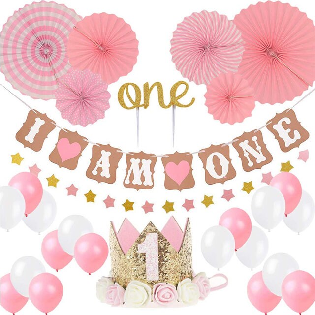 1st Birthday Princess Party Decoration Pink Set, Girl Balloons Party Kit Tiara Crown Banner Cake Topper