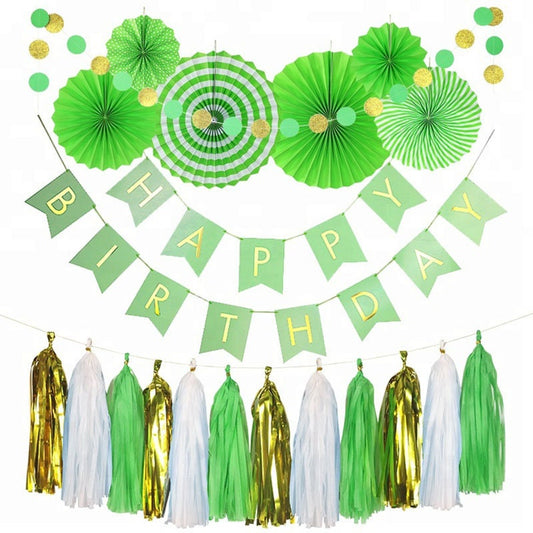 Green Birthday Banner Paper Fan Tassel Dino Forest Kit