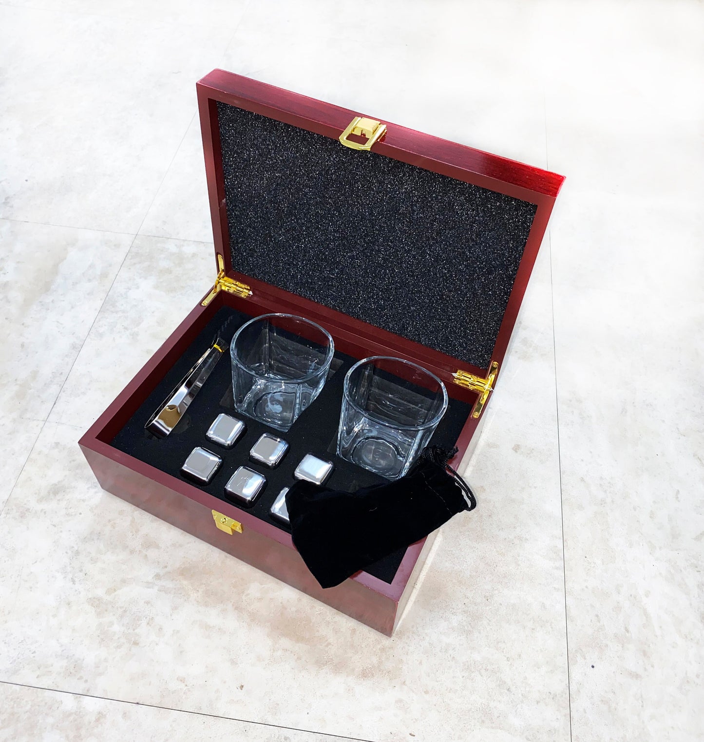 Gift Set, Personalized Whisky Glasses Rosewood Box Stainless Steel Ice Cubes - Custom Engraving - Groomsman Gift Idea - Gift for Anniversary