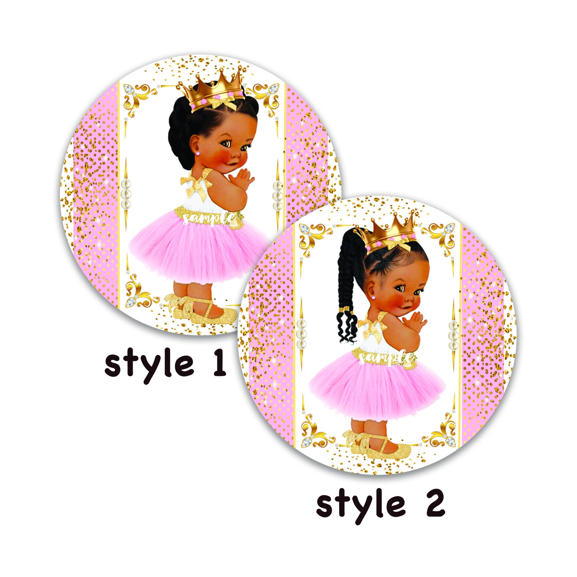 Little Princess Round Labels Pink Tutu Gold Crown African American Baby Girl Shower Birthday Favor Stickers