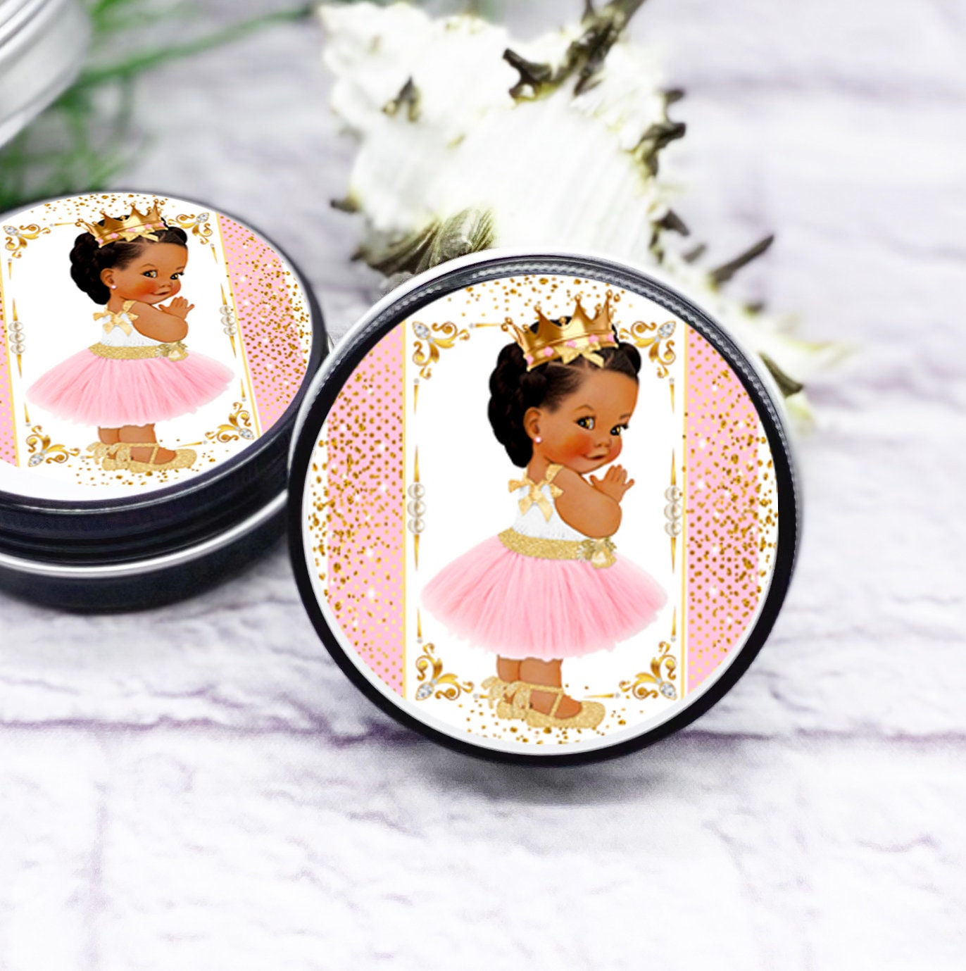 Little Princess Round Labels Pink Tutu Gold Crown African American Baby Girl Shower Birthday Favor Stickers