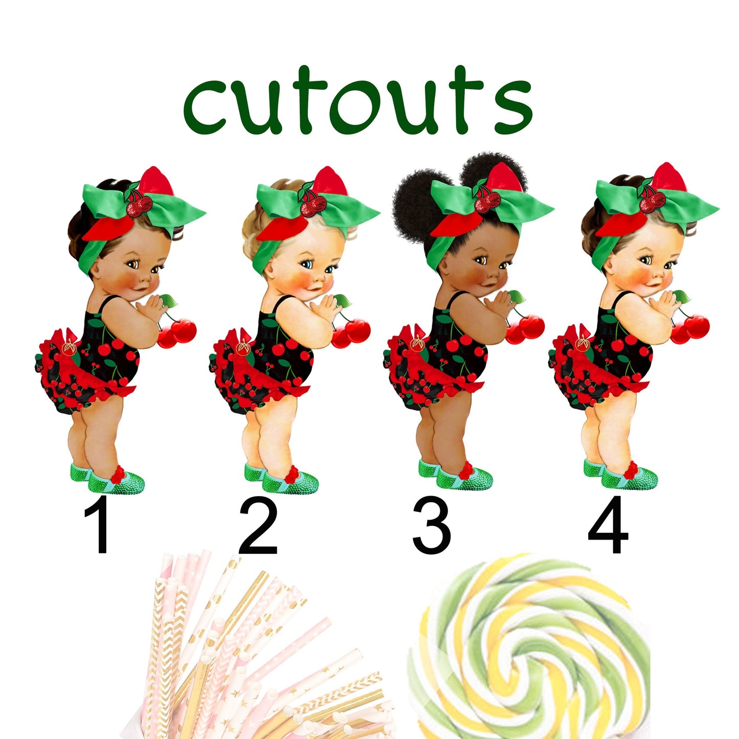 Cherry Blossom Baby Girl Cake Topper, Berry Centerpiece Cutouts Birthday Shower Decoration, Red Green Bow, Diaper Topper Table Decor