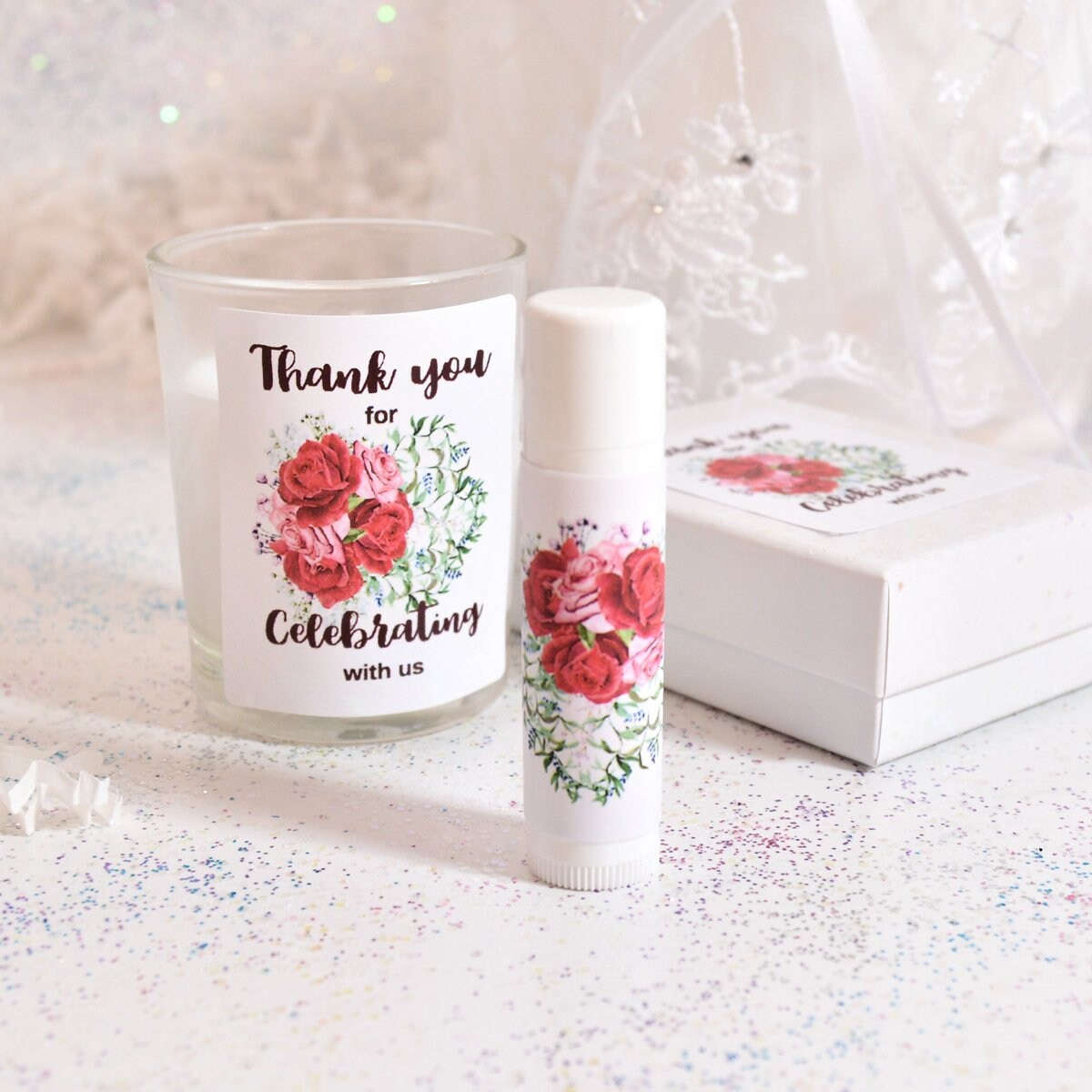Red Rose Lip Balm Labels – Wedding & Bridal Shower Favor Stickers, Set of 15
