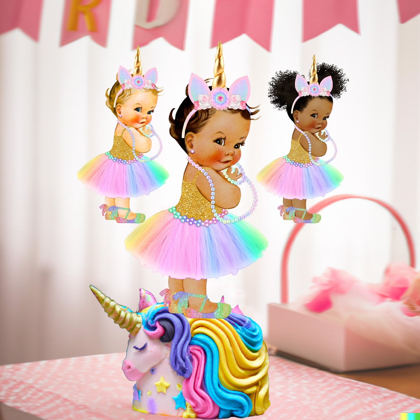 Unicorn Princess Rainbow Cutouts Centerpiece Tutu Horn Baby Shower Baby Girl Birthday Decor