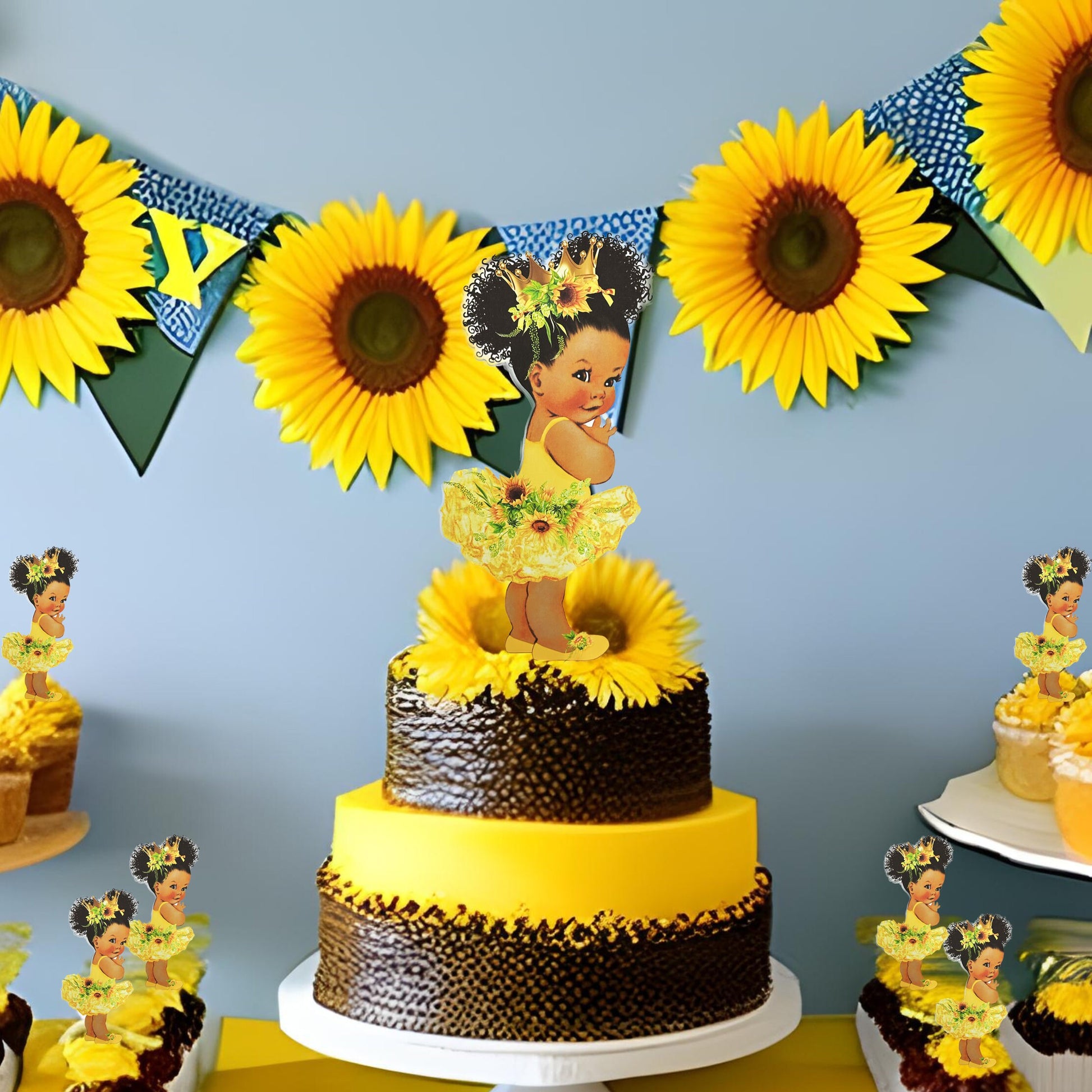 Sunflower Baby Girl Centerpiece Cutouts, Yellow Tutu Gold Crown Baby Shower 1st Birthday Party Decoration