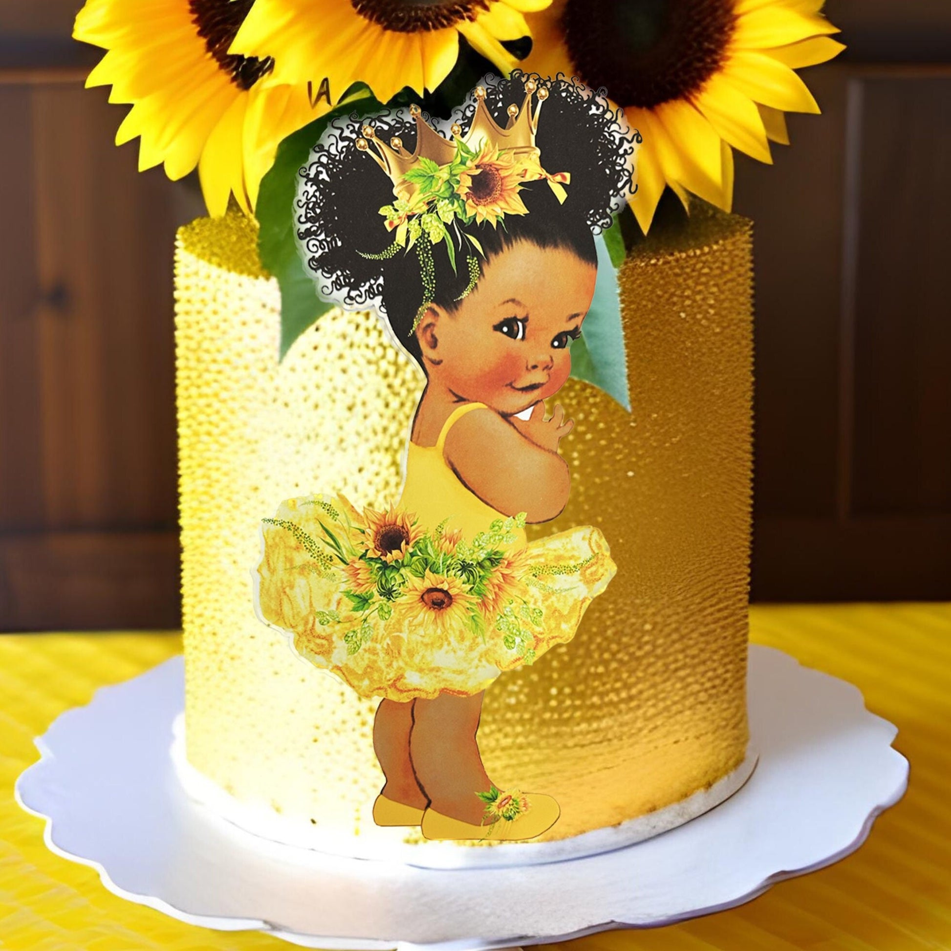 Sunflower Baby Girl Centerpiece Cutouts, Yellow Tutu Gold Crown Baby Shower 1st Birthday Party Decoration