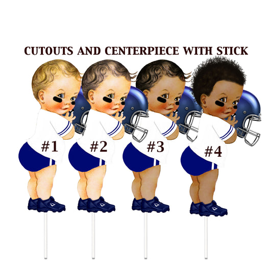 Collection of blue and white football-themed centerpieces and cutouts arranged for a baby shower table.