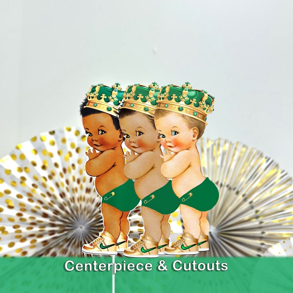 Green diaper gold crown prince centerpiece cutouts