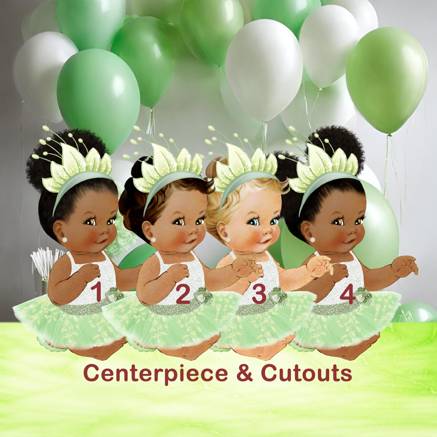 Green Princess Sitting Baby Shower Cake Centerpiece Cutouts - Leaf Tiara Party Decoration - Table Bar Decor - Diaper Cake Topper