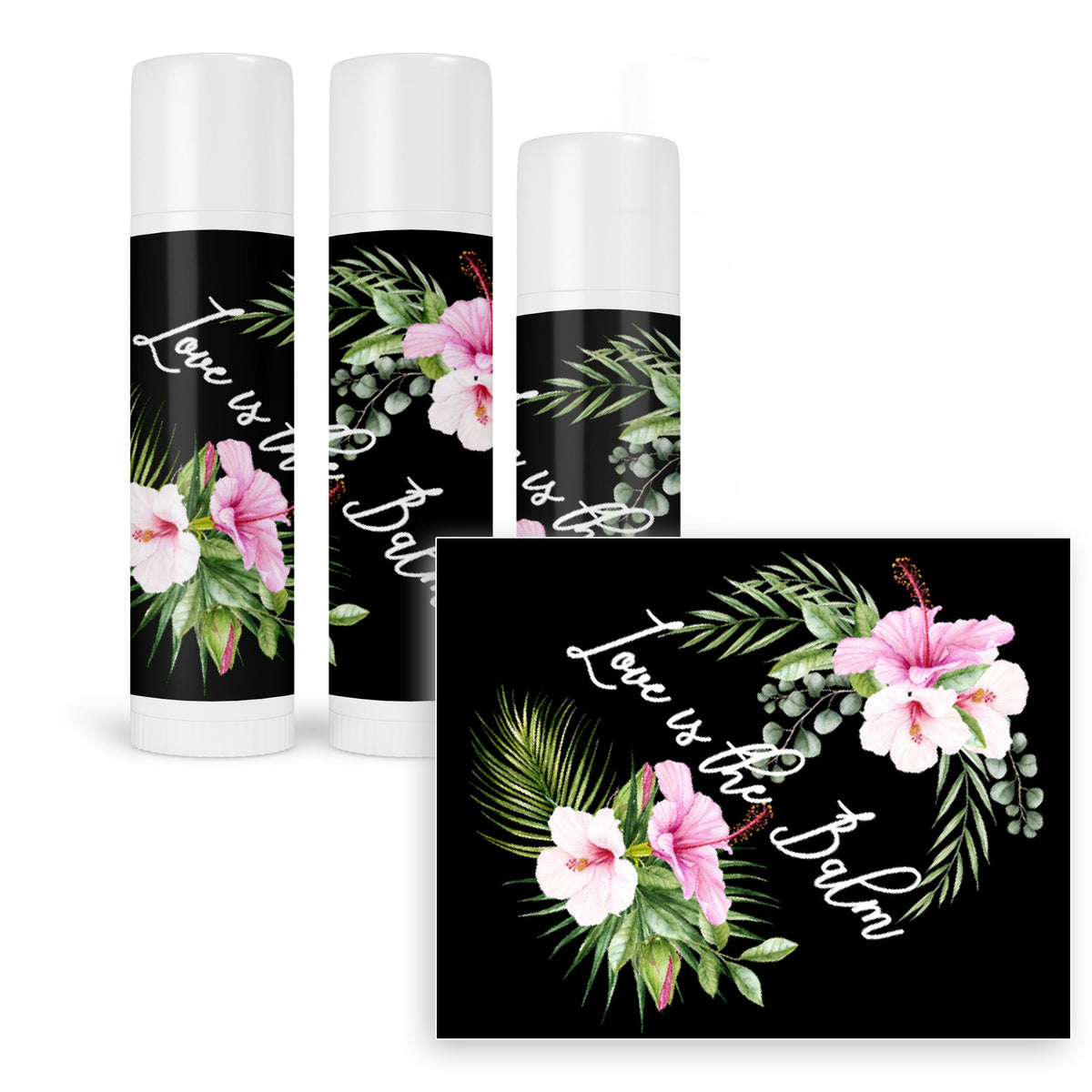 Tropical Hawaiian lip balm labels wrapped on lip balm tubes – beach wedding party favor stickers, set of 15