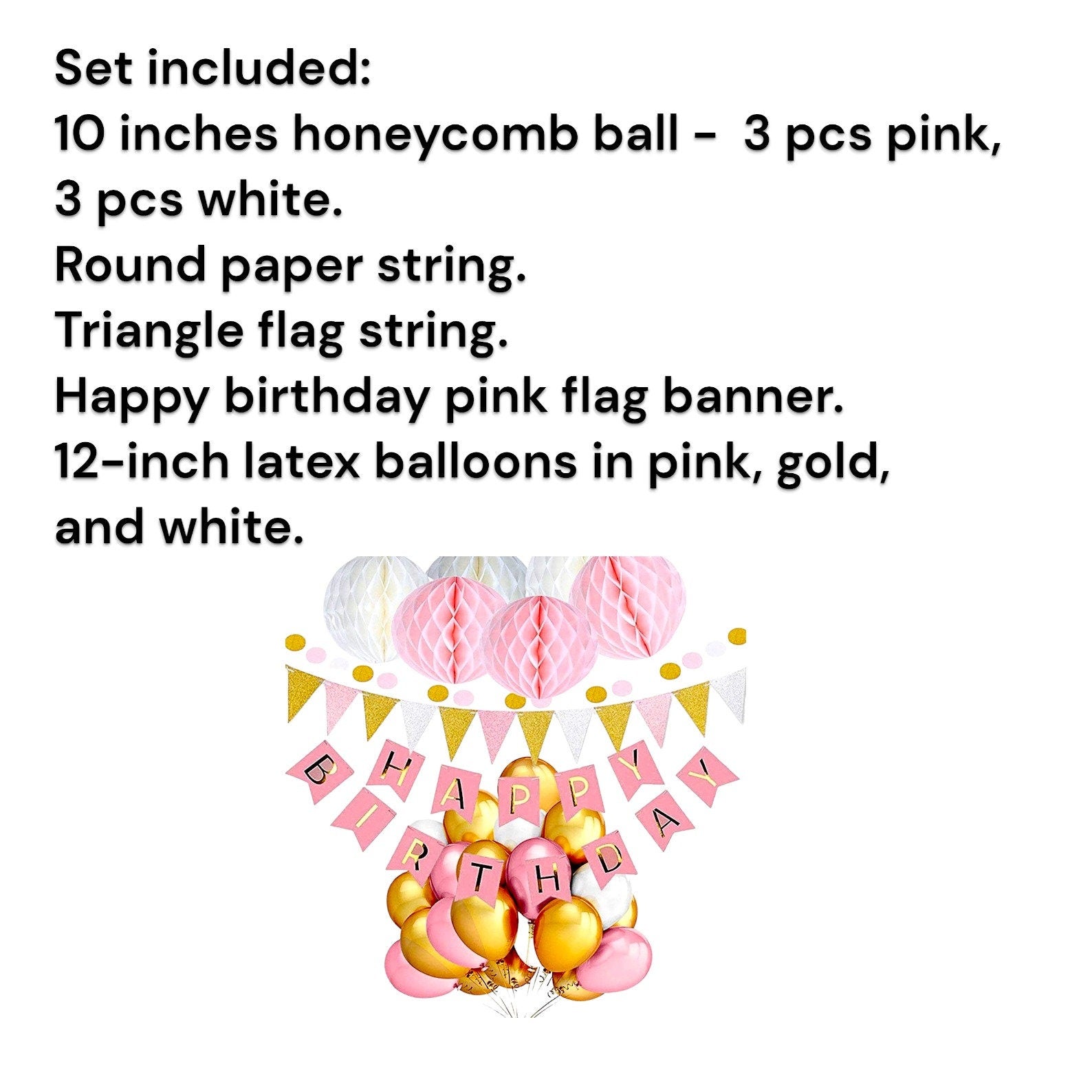 1st Girl Birthday Party Decoration, Gold Pink White Balloons, Pink Happy Birthday Banner, Honeycomb Balls Decor