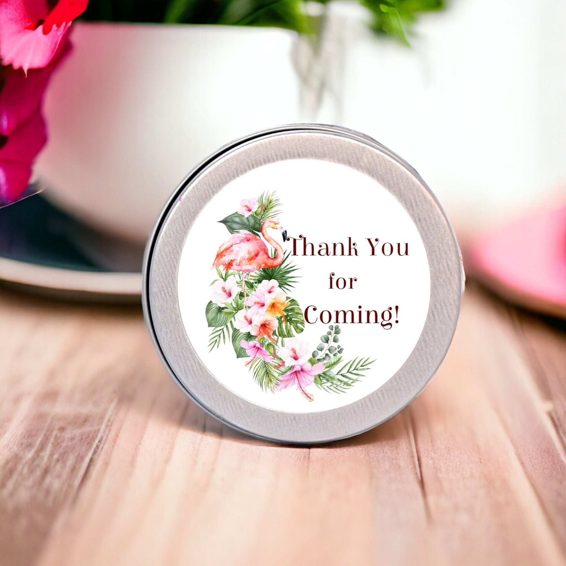 Personalized Flamingo Labels Hawaiian Thank you for Coming Watercolor Stickers Wedding Birthday Baby Shower