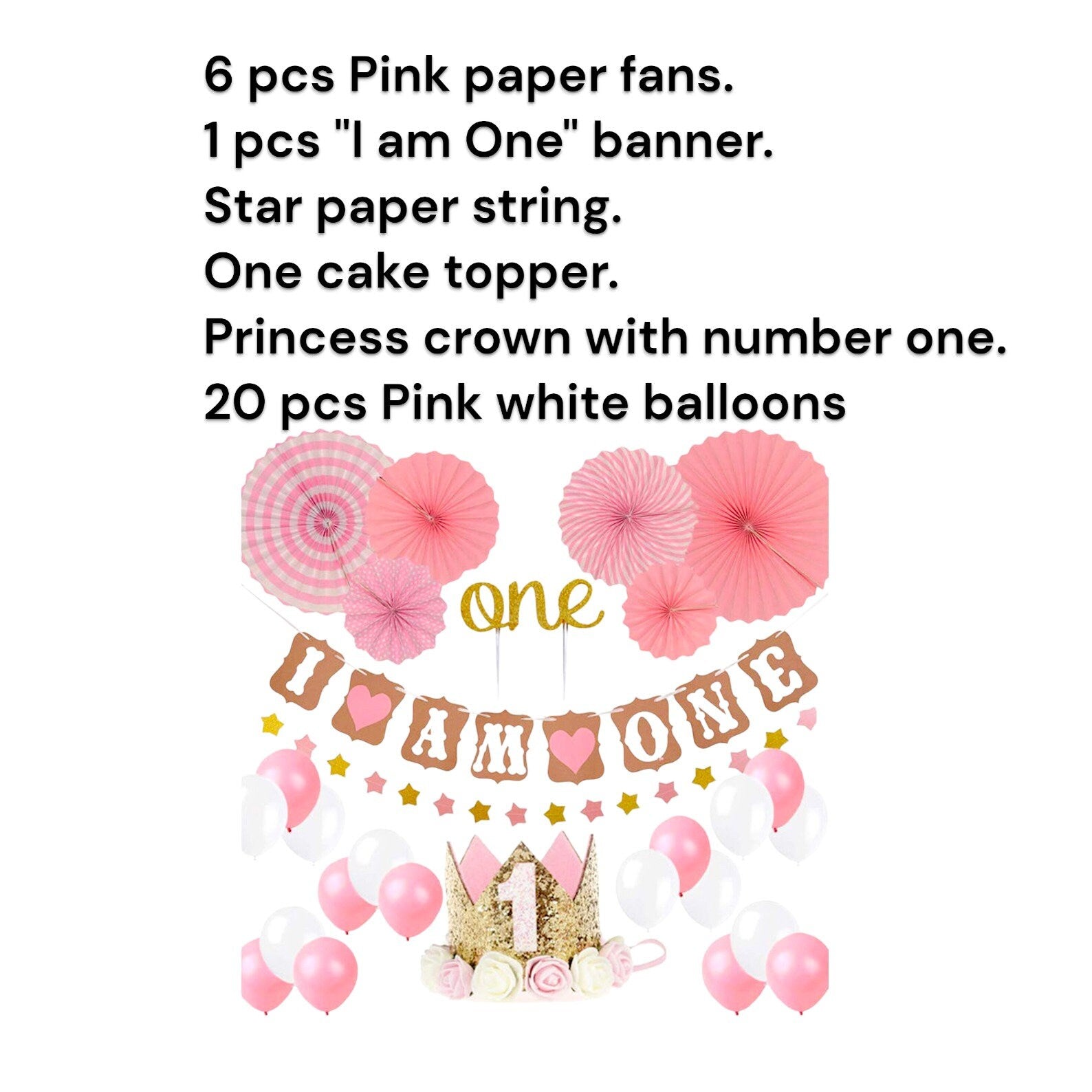 1st Birthday Princess Party Decoration Pink Set, Girl Balloons Party Kit Tiara Crown Banner Cake Topper