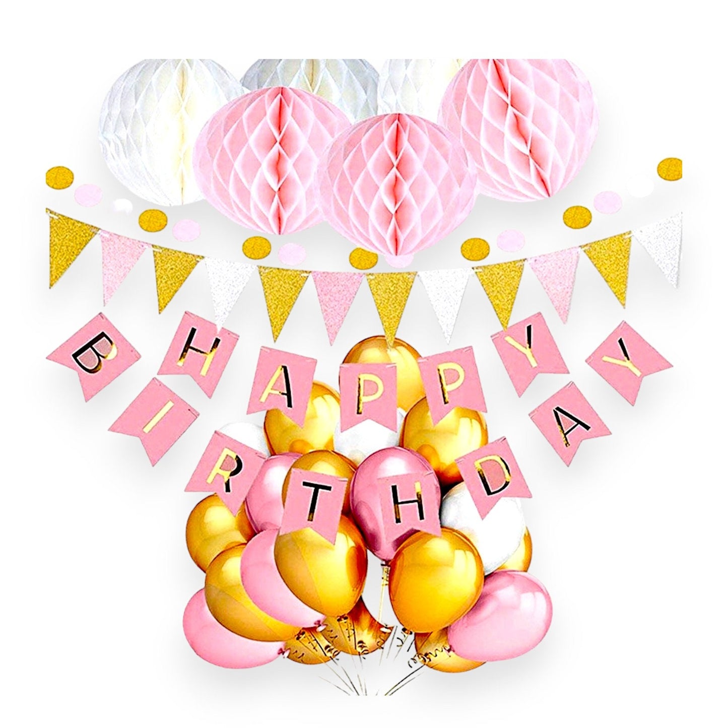 1st Girl Birthday Party Decoration, Gold Pink White Balloons, Pink Happy Birthday Banner, Honeycomb Balls Decor