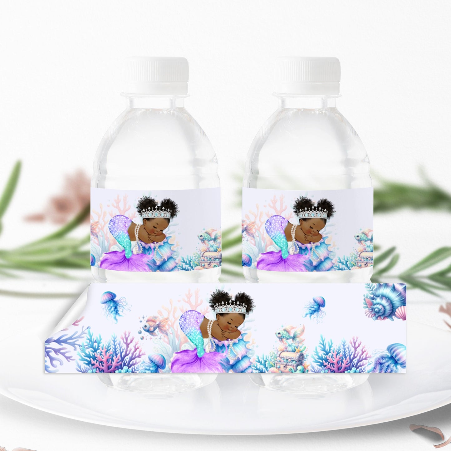 Purple Mermaid Water Bottle Labels, African American Under the Sea Party, Birthday Baby Shower Bottle Stickers