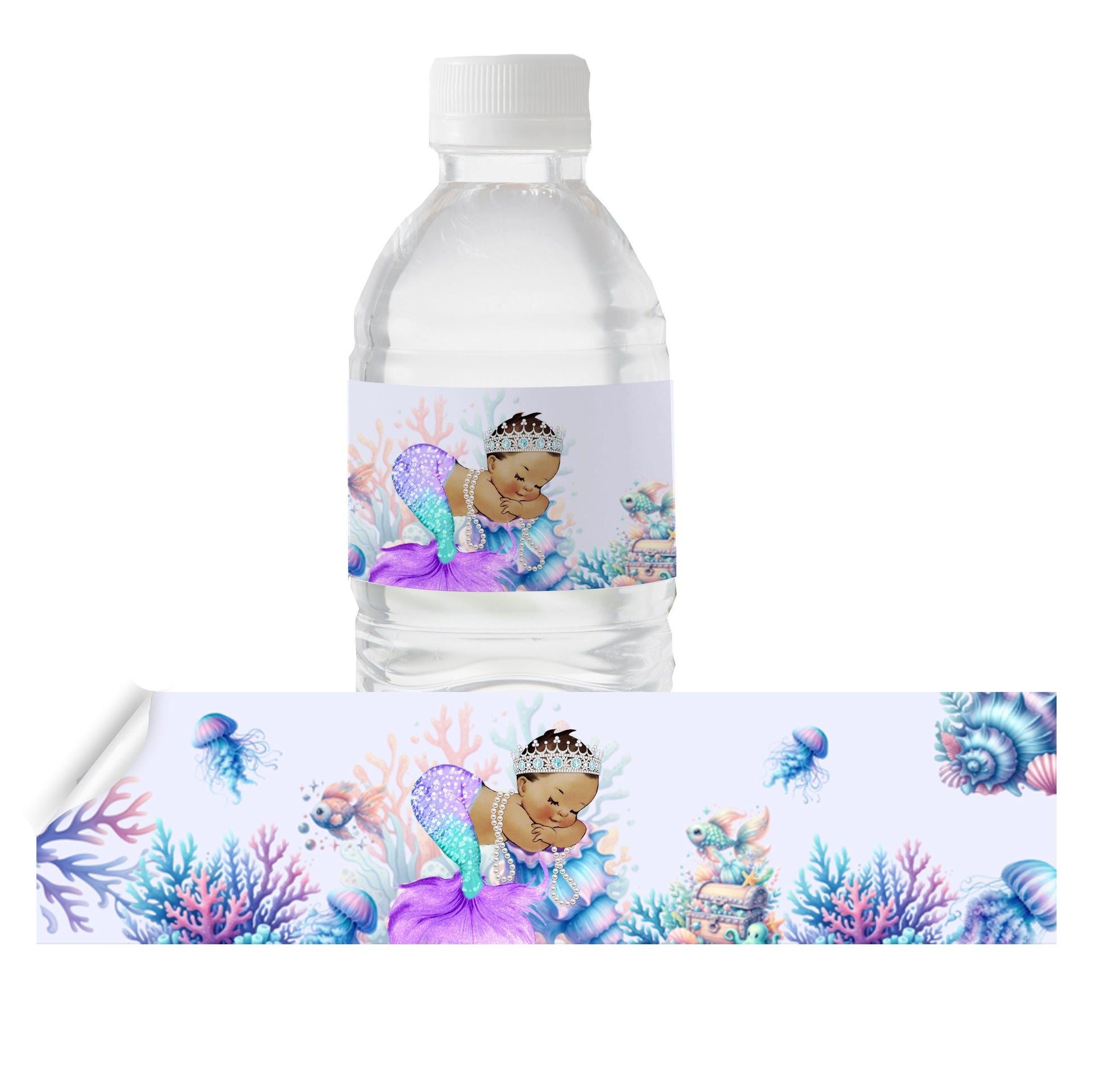 Purple Mermaid Water Bottle Labels, African American Under the Sea Party, Birthday Baby Shower Bottle Stickers