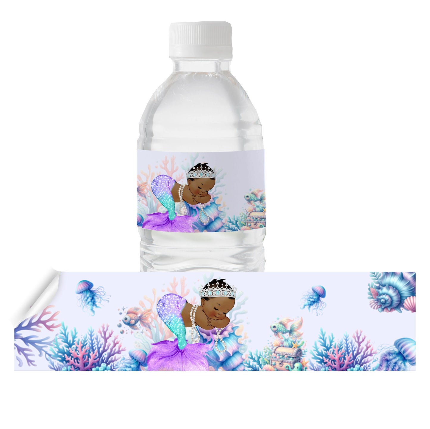 Purple Mermaid Water Bottle Labels, African American Under the Sea Party, Birthday Baby Shower Bottle Stickers