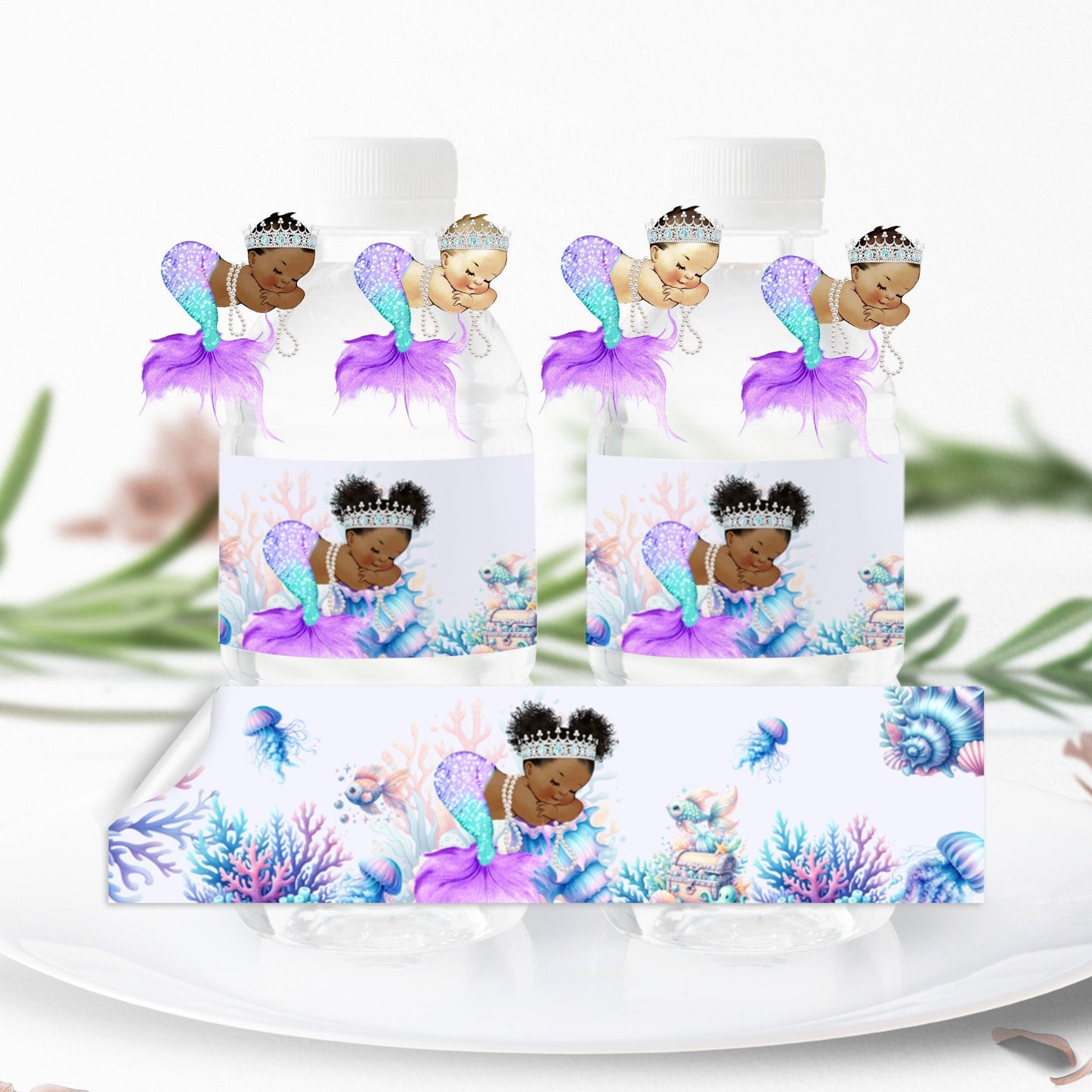 Purple Mermaid Water Bottle Labels, African American Under the Sea Party, Birthday Baby Shower Bottle Stickers