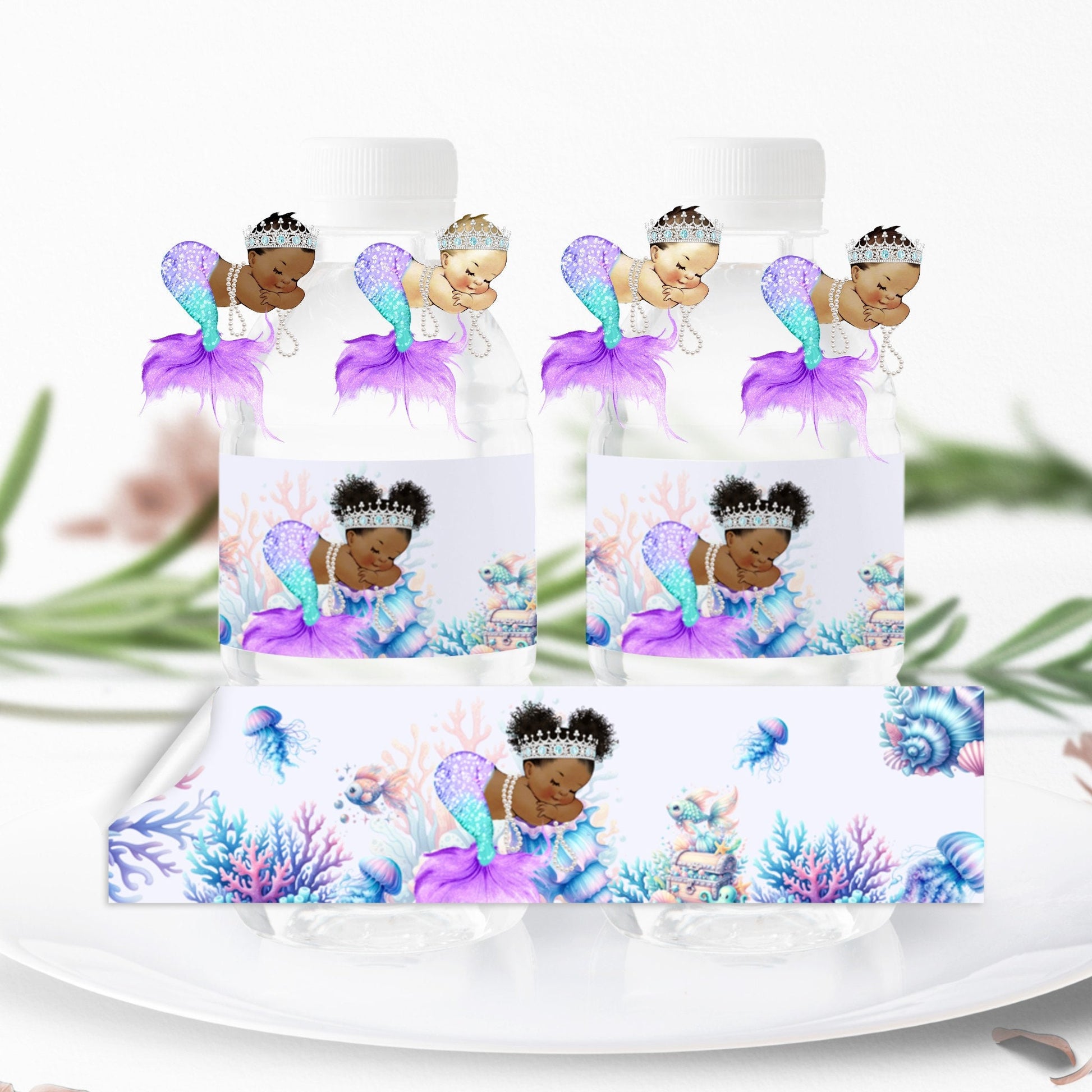 Purple Mermaid Water Bottle Labels, African American Under the Sea Party, Birthday Baby Shower Bottle Stickers