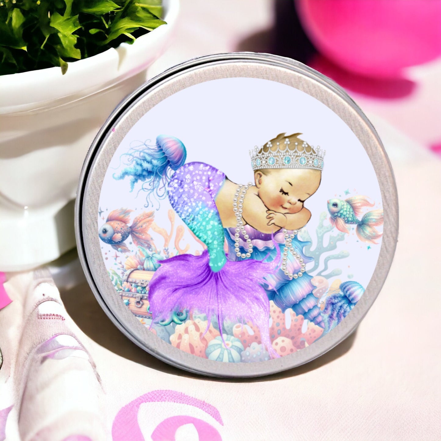 Purple Mermaid Favor Labels, Round Under the Sea Party, Birthday Baby Shower Stickers