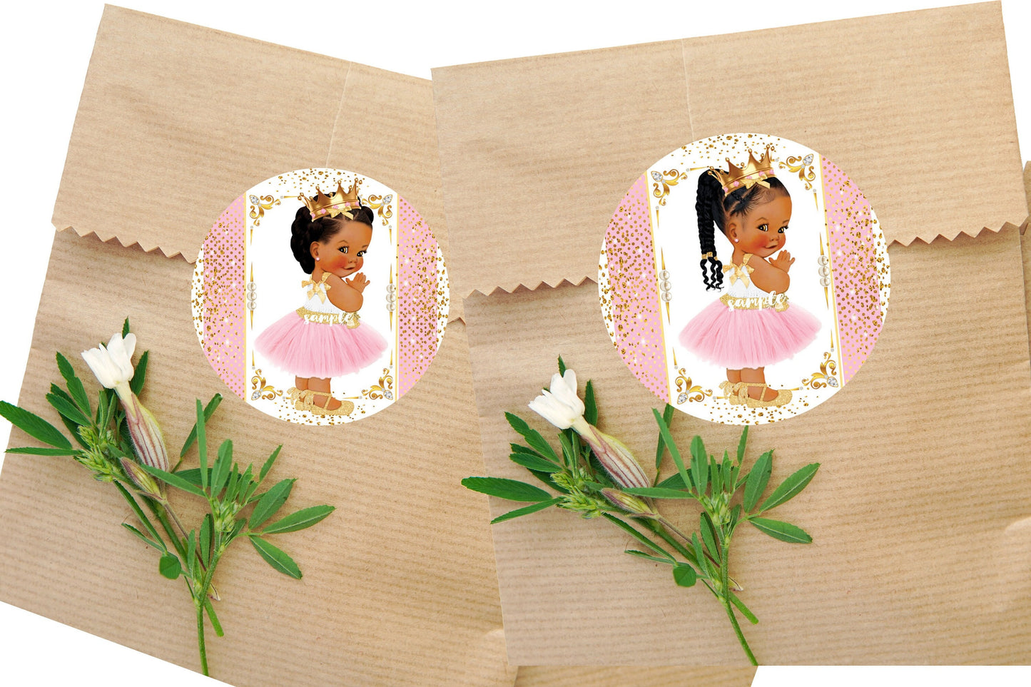 Little Princess Round Labels Pink Tutu Gold Crown African American Baby Girl Shower Birthday Favor Stickers