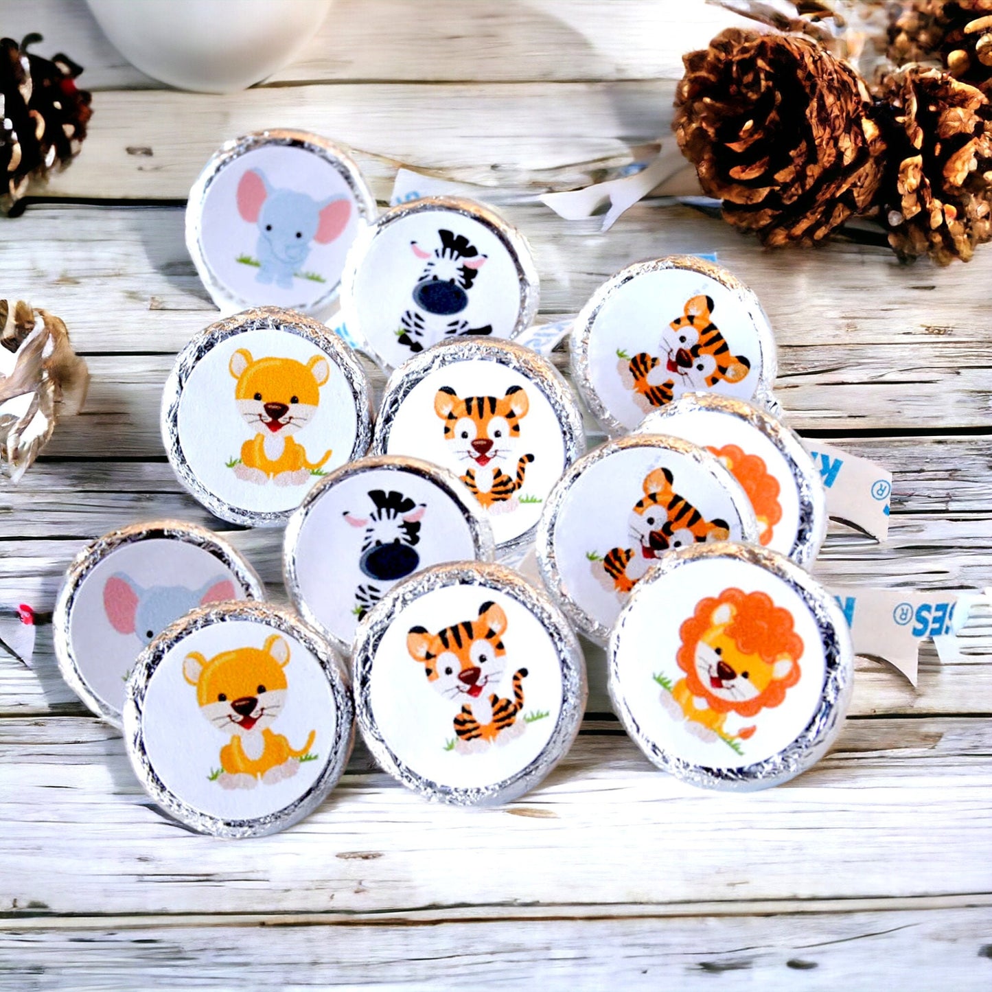 Jungle Safari Kisses Labels Baby Shower Birthday Party Round Candy Labels, Jungle Party Favors, Fits Hershey's Kiss