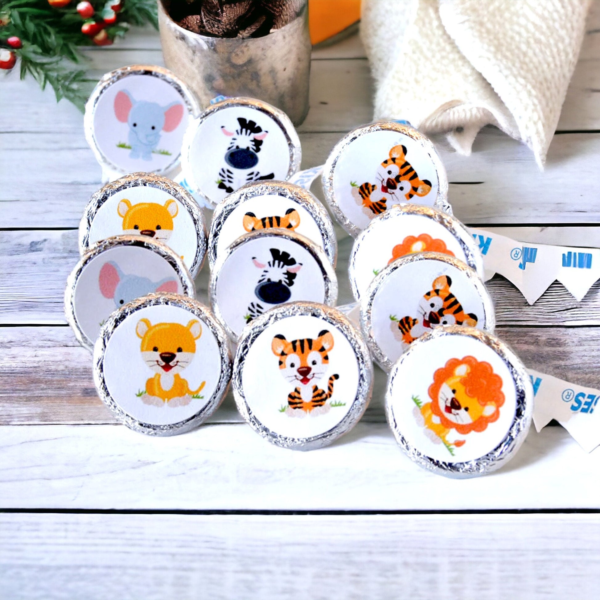 Jungle Safari Kisses Labels Baby Shower Birthday Party Round Candy Labels, Jungle Party Favors, Fits Hershey's Kiss